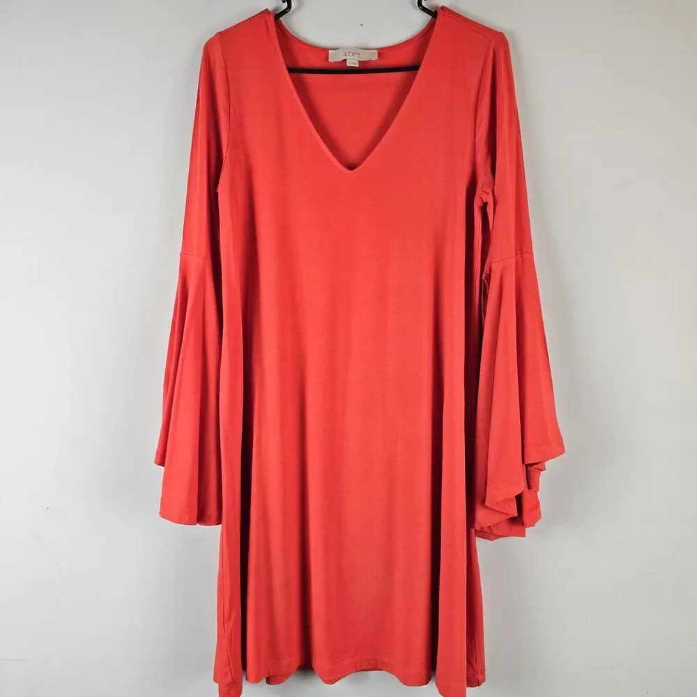 LOFT Womens Dress Size Small‎ Orange Swing Dress Long Bell Sleeve V-Neck.C145 - Picture 2 of 11